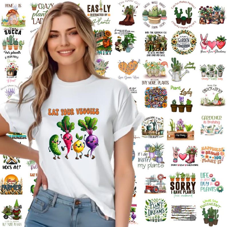 Puede incluir: Una camiseta blanca con un gr&aacute;fico colorido de verduras con el texto "Eat Your Veggies". La imagen est&aacute; rodeada de un collage de otros dise&ntilde;os de camisetas con varias frases e ilustraciones sobre el tema de la jardiner&iacute;a.