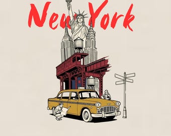 New York City Landmarks Collage PNG, Retro Statue of Liberty Taxi (Digital Download)