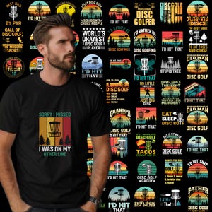 May include: Black t-shirt with a variety of disc golf-themed graphics. The shirt features phrases like "I'd Hit That" and "Sorry I Missed." The design includes images of disc golf baskets and trees, with a retro color scheme.
