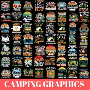 May include: A collection of 36 colourful retro-style camping graphics with various slogans and designs. The graphics feature a black background with a variety of colours, including red, blue, green, yellow, and orange. The graphics are perfect for use on t-shirts, mugs, tote bags, and other merchandise.