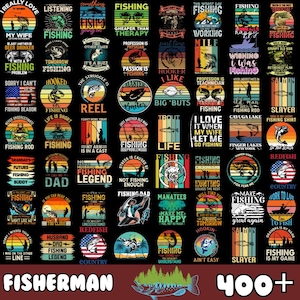 May include: A black background with colorful circular designs featuring fishing-themed text and images. The text includes phrases like "Fishing is Cheaper Than Therapy", "Hooked on Fishing", "Life is Short, Go Fishing", "Fishing Dad", "Manatees Make Me Happy", "Fishing is My Game", and "400+." The images include fish, fishing rods, and other fishing-related imagery.