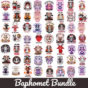 May include: A collection of colorful Baphomet-themed illustrations. The designs feature various cartoonish depictions of demons and goats with phrases like "Cute as Hell," "Hail Satan," and "Maybe Today." The bundle is labeled "Baphomet Bundle."