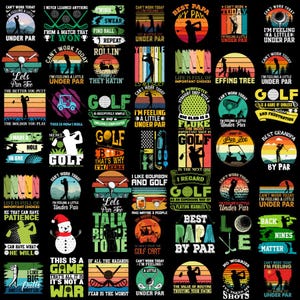 Op de afbeelding: Een verzameling van 36 kleurrijke golf-ontwerpen met verschillende slogans en afbeeldingen. De ontwerpen bevatten golfballen, golfclubs, golfkarren en golfers. Sommige van de slogans zijn "Best Papa by Par", "I'm Feeling a Little Under Par" en "Let's Par Tee".