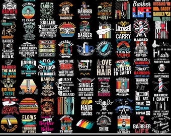 May include: A digital collection of barber-themed graphic designs featuring various illustrations of hair clippers, scissors, razors, and barber poles, accompanied by humorous text slogans about haircuts, beards, and the barber profession.