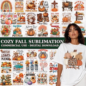 Könnte beinhalten: Ein weißes T-Shirt mit einer Grafik aus fünf Kürbissen in Orange-, Weiß- und Brauntönen, wobei ein Kürbis ein Leopardenmuster aufweist und das Wort thankful in brauner Schreibschrift unter der Kürbisillustration steht.