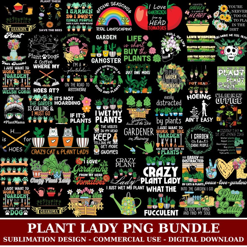 Paquete de la loca de las plantas, Plantas en maceta PNG, Camiseta de jardinería, Cita sobre plantas, Cliparts divertidos, Gráficos de jardín, Amante de las plantas, Descarga instantánea imagen 1