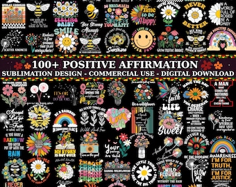 Pacote de imagens PNG com afirmações positivas, gráficos retrô sobre saúde mental, frases inspiradoras, citações motivacionais com motivos florais, download digital.