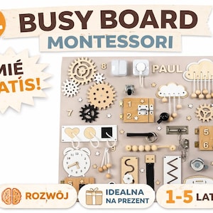 May include: A wooden Montessori busy board with various interactive elements, including gears, latches, switches, and a clock. The board features the text "BUSY BOARD MONTESSORI" and "1-5 LAT". The board is designed for children.