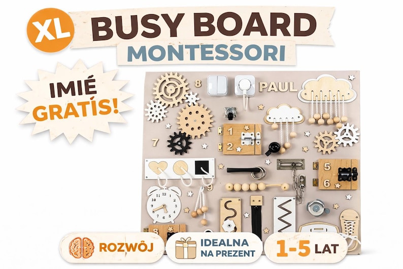 May include: A wooden Montessori busy board with various interactive elements, including gears, latches, switches, and a clock. The board features the text "BUSY BOARD MONTESSORI" and "1-5 LAT". The board is designed for children.