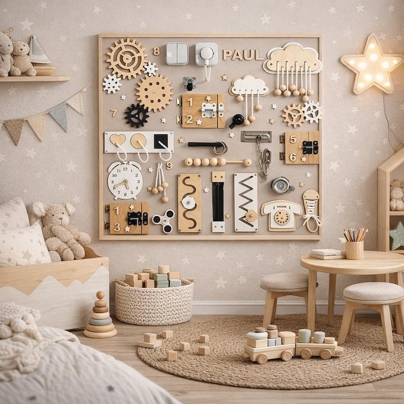 May include: A wooden sensory board with various interactive elements, including gears, switches, latches, and a clock. The board is mounted on a wall in a child's room, with the name "PAUL" displayed. Other toys and furniture are also visible.
