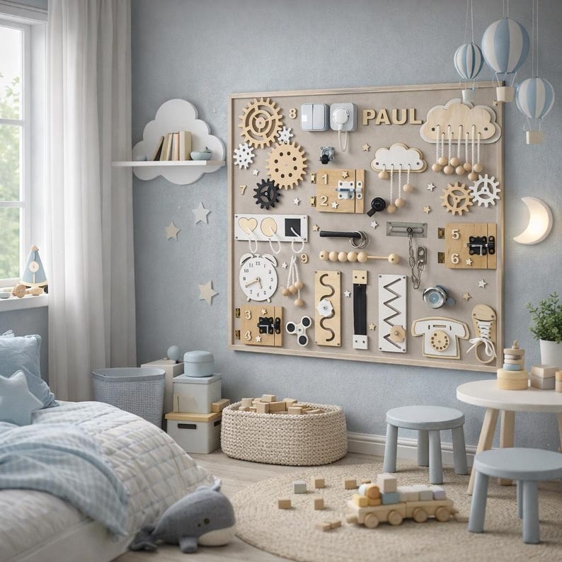 May include: A wooden sensory board with various interactive elements, including gears, switches, and latches, is mounted on a light-colored wall. The name "PAUL" is displayed on the board. The room is decorated in soft blues and whites, with a bed, toys, and cloud-shaped decor.