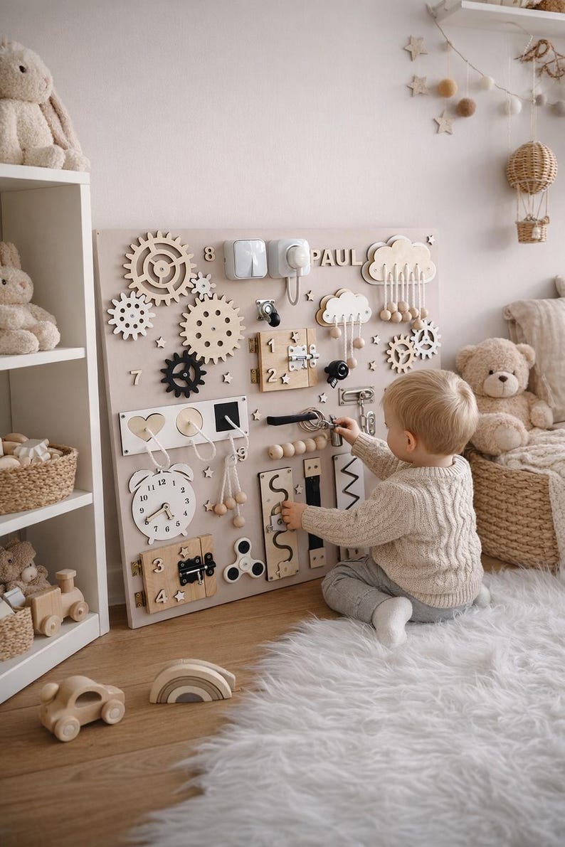 May include: A beige wooden activity board with various interactive elements, including gears, latches, and a clock. The board has the name "PAUL" at the top. A child is interacting with the board on a white fluffy rug.