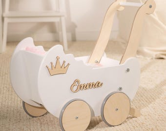 Puppenwagen, personalisiertes Babygeschenk, Lauflernhilfe aus Holz, Montessori-Spielzeug aus Holz