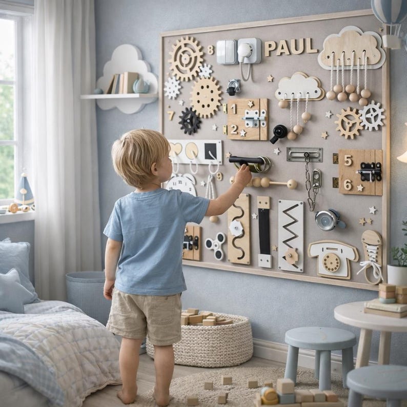 May include: A wooden sensory board with various interactive elements, including gears, switches, and latches. The name "PAUL" is spelled out in wooden letters. The board is mounted on a light gray wall in a child's room. A young child is interacting with the board.