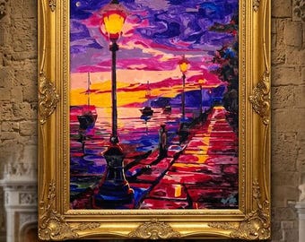 Original Oil Painting: Impressionist Coastal Sunset Landscape, 60x40 cm