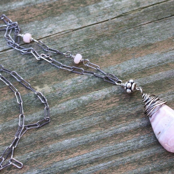 Handmade Wire Wrapped Rhodochrosite Pendant Sterling Silver Necklace