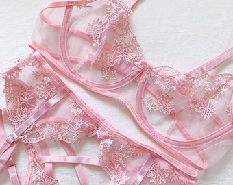 Pink Blossom - Baby Pink Floral Blossom Bralette, Garter Belt, and Thong Lingerie Set with Intricate Lace Accents