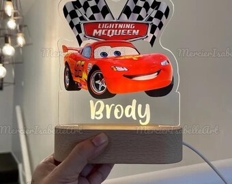 Personalised Name McQueen Lightning Night Light, Disney Cars Bedside Lamp, Nursery Decor for Baby, Gift For Son, Birthday Gift