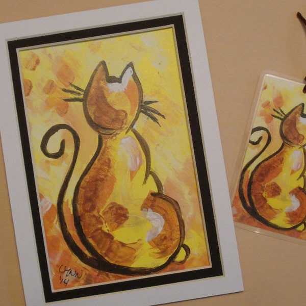 Gift Set - Matted Fine Art Print and Laminated Bookmark Original Cat Art