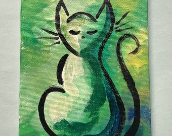 Green Kitty 4x6 painting