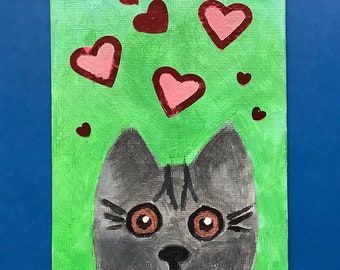 Grey Cat with Hearts 4x6 acrylic painting