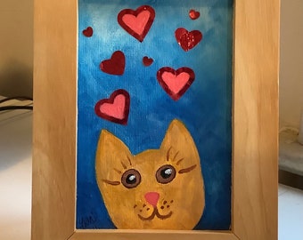 Ginger Cat with Hearts 4x6 acrylic painting