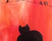 R E D U C E D  P R I C E Black cat and birds - original acrylic painting - vivid orange - vertical