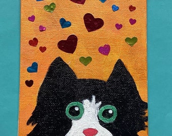 Tuxedo Cat with Hearts 4x6 acrylic painting