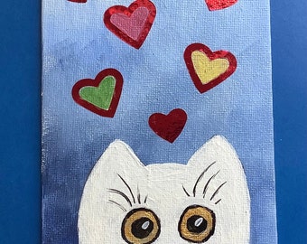 White Cat with Hearts 4x6 acrylic painting