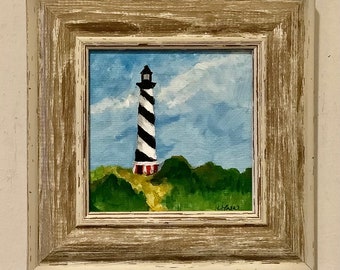 Lighthouse 4x4 inch acrylic painting landscape Cape Hatteras with 6x6 frame