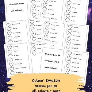 May include: A colour swatch chart for Stabilo pen 88 fineliner pens. The chart shows all colours and neon colours. Each colour is represented by a heart shape with the colour number and name.