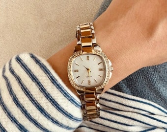 Woman Wrist Watch, Gold Colour Watch, White Dial Watch, Stones on Case, Mother's Day Gift, Present for Her, Mother's Day Gift, Classic