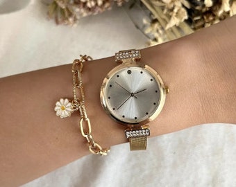 Montre en pierre avec bande en osier métallique pour femme, montre tank en or et argent, montre vintage, montre-bracelet réglable minimaliste, montres de luxe