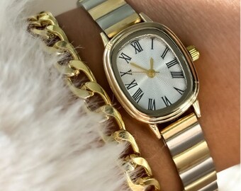 Armbanduhr für Damen, Farbe Silber und Gold, Vintage-Design, Geschenk für Sie, verstellbares Band, Weiß, Muttertagsgeschenk, römische Ziffer