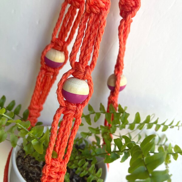 22” • 4mm Color Block Beaded Small Twist Macrame Plant Hanger • Orange w/Round Dark Pink & Natural Wood Beads
