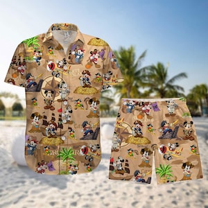 Piraten Micky Maus Hawaiihemd, Cartoon Schatzkarte Sommer Knopfshirt, Disney Kreuzfahrt Urlaub Geschenk
