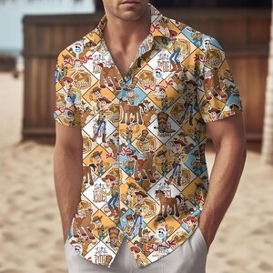 Toy Story Cowboy Hawaiian Shirt, Let’s Ride Shirt and Shorts, Disney Pixar Summer Outfit, Gift for Him, Disney Pixar Button Shirt
