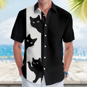 Black Cat Button Shirt, Funny Cat Peeking Short Sleeve Shirt, Cute Cat Lover Gift for Him or Her, Summer Black Cat Hawaii Shirt