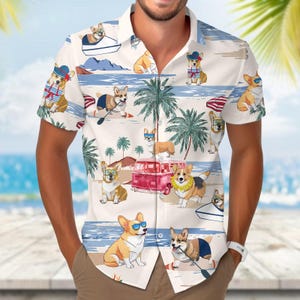 Funny Corgi Hawaiian Shirt, Cartoon Dog Beach Button Shirt, Summer Vacation Pet Gift for Him, Gift For Love Corgi, Hawaii Shirt