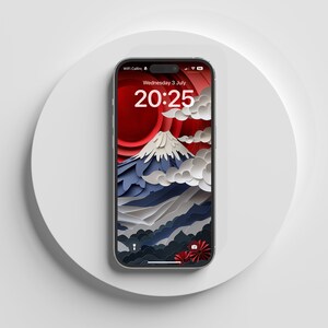 May include: A smartphone displays a Japanese-inspired wallpaper featuring Mount Fuji with a red sun, white clouds, and blue mountains. The screen shows the date and time: Wednesday, July 3, 20:25. The phone is set on a white circular platform.