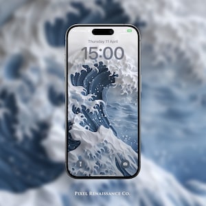 May include: A smartphone mockup with a blue and white wave pattern wallpaper. The time is 15:00 and the date is Thursday 11 April. The phone has a black bezel and a white front. The text "PIXEL RENAISSANCE CO." is at the bottom of the screen.