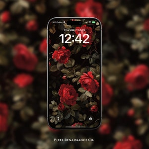 Red Night Flowers Floral iPhone Wallpaper, Red Rose Phone Wallpaper, Unique Lock Screen, Instant Download