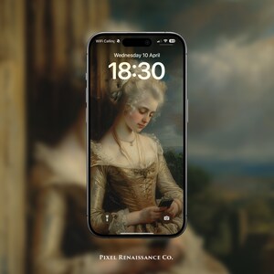 May include: A black smartphone with a lock screen displaying a painting of a woman in a gold dress. The time is 18:30 and the date is Wednesday 10 April. The text "PIXEL RENAISSANCE CO." is at the bottom of the screen.