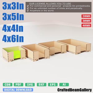 May include: Four laser-cut wooden boxes in varying sizes: 3x3 inches, 3x5 inches, 4x4 inches, and 4x6 inches. The boxes are beige with a light green interior in one. The image also includes text about the license and file formats.