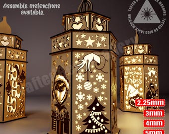 Könnte beinhalten: Eine aus Holz gefertigte, lasergeschnittene Lampe mit einem Grinchmas Vibes-Design. Die Lampe besteht aus mehreren Holzschichten und hat eine sechseckige Form. Die Lampe ist beleuchtet und das Licht scheint durch die Ausschnitte im Holz. Die Lampe ist 5,7 cm hoch und in den Stärken 3 mm, 4 mm und 5 mm erhältlich.