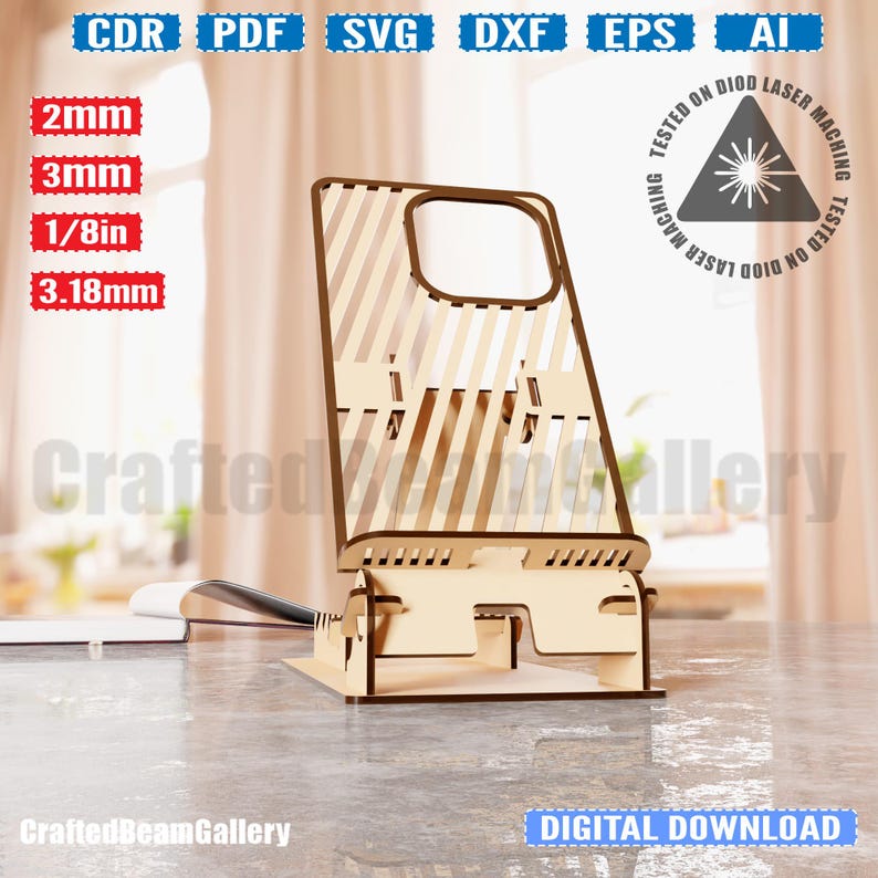 Puede incluir: Un soporte para tel&eacute;fono de madera cortado con l&aacute;ser con un dise&ntilde;o a rayas. El soporte est&aacute; dise&ntilde;ado para sostener un tel&eacute;fono inteligente en modo vertical u horizontal. El soporte est&aacute; hecho de madera de 3,18 mm de grosor y est&aacute; probado en una m&aacute;quina de l&aacute;ser de diodo.
