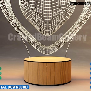 Puede incluir: Un archivo de descarga digital que presenta un diseño de corazón en estructura de alambre 3D sobre una base cilíndrica de madera. La imagen incluye etiquetas de texto para grosores de 3mm y 4mm, junto con formatos CDR, PDF, SVG, DXF, EPS y AI.