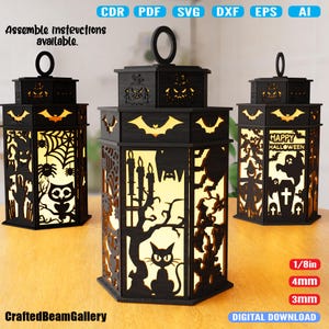 DIY Halloween latarnia z drzwiowym lampką nocną świecznik laserowo wycinany plik Glowforge SVG, dxf, Ai, Eps, Cdr, szablon PDF | natychmiastowe pobranie