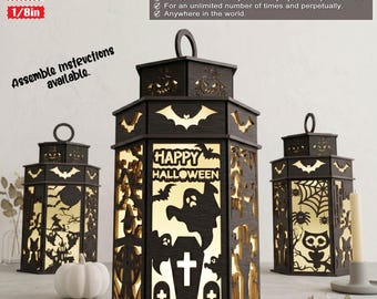 May include: Three black Halloween lanterns with intricate cut-out designs. The central lantern features the text "HAPPY HALLOWEEN" and a ghost. The lanterns have bat and spiderweb motifs. The image also includes text indicating digital download availability.