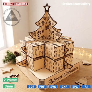 Advent Calendar Laser Cut File | Christmas Tree Countdown SVG | 24 Gift Box Advent Calendar | Laser Cut Christmas Decor | Glowforge SVG DXF